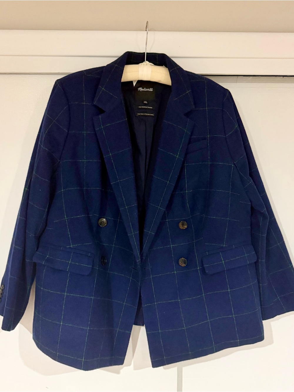 Madewell Women’s Rosedale Double-Breasted Blazer Jacket in Navy Plaid (Size 16W)